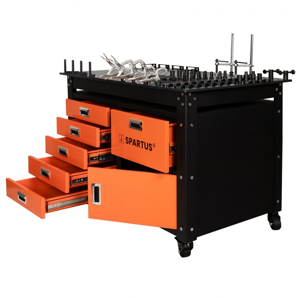Stół spawalniczy 1200x750x820mm na kółkach, system D16, z szufladami, szafką i zestawem 62 narzędzi - obrazek 2
